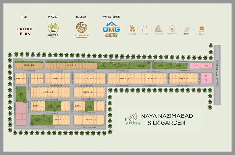 United Palm Greens layout plan showing blocks, plot numbers, roads and amenities