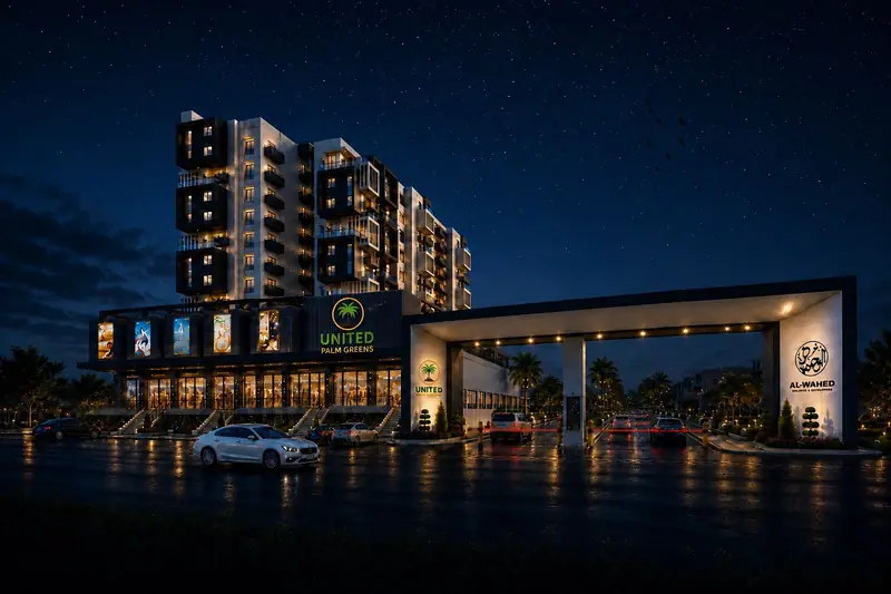 United Palm Greens entrance and residential tower at night