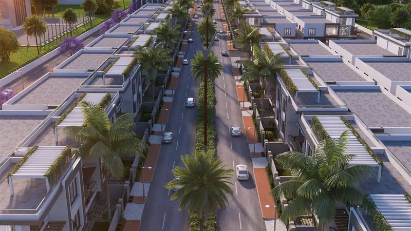 Palm lined main boulevard between townhouse rows