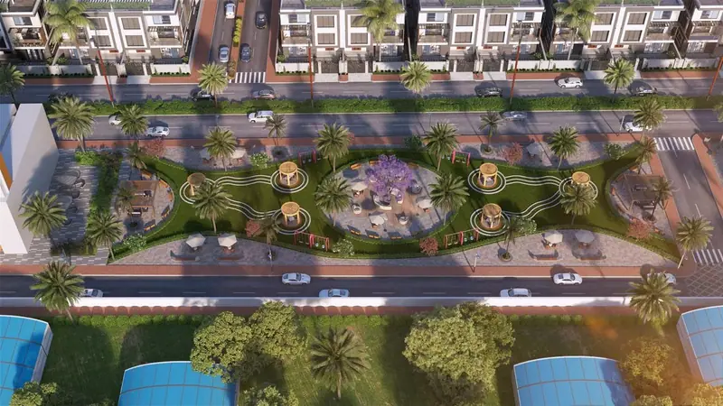 Central park with walking tracks and seating